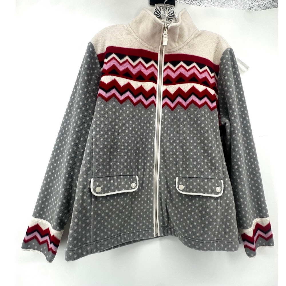 Talbots Fleece Jacket Womens Large Grey Polka Dot Chevron Fair Isle Full Zip L